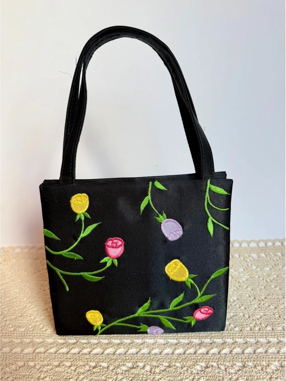 Sasha Black Embroidered Rose Floral Mini Handbag Purse Crossbody Shoulder Bag